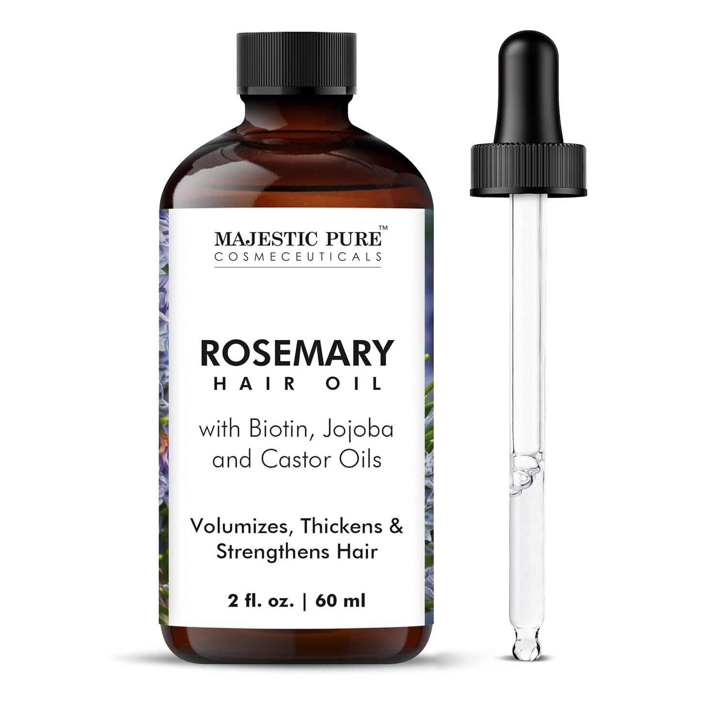 Majestic Pure 100% Pure Rosemary Oil For Hair Growth - Strengthening, Nourishing, Volumizing - Infused with Biotin Oil, Jojoba Oil & Castor Oil - Non GMO Verified - 2 Fl Oz