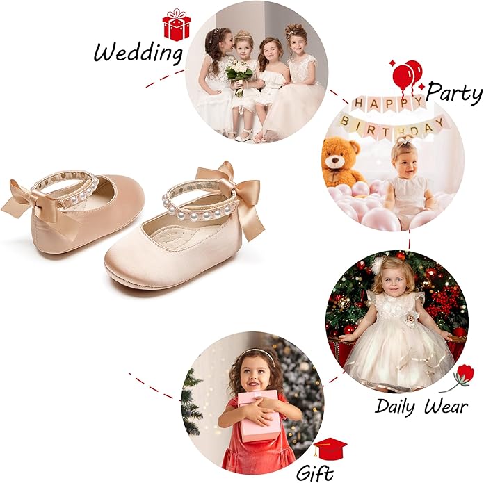 Baby Girls Mary Jane Flats - Infant Newborn Walking Shoes Soft Rubber Sole Princess Wedding