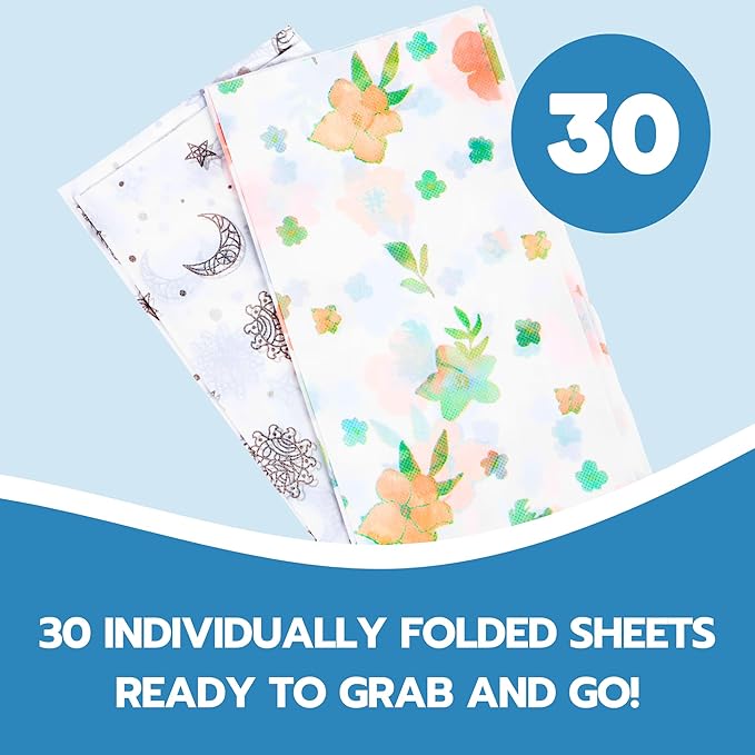 30 Pack Disposable Splat Mats by Eli with Love - Extra Large 49"x49" 100% Waterproof Baby Splat Mat for Under High Chair - Plastic Mat Liner for Floor - Protect from Spills (Moon & Stars, 30 Pack)