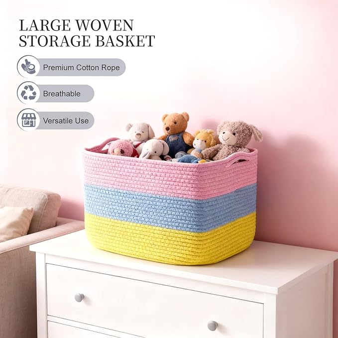 Hopegiver Storage Baskets for Organizing with Handle, Woven Baskets for Shelves - Durable Gift Basket for Cloth Toys Books Baby, Cotton Rope Basket for Dog Cat, 15x11x10 Inch(Pink&Blue&Yellow)