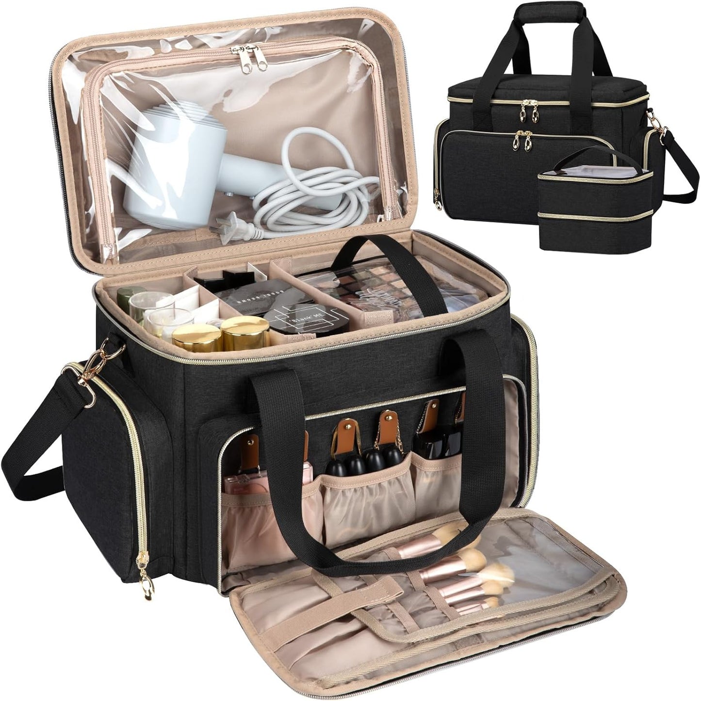 Large Makeup Bag, Portable Travel Makeup Bag Organizer for Women Girls with 2 Removable Pouches & Detachable Dividers, Cosmetic Travel Bag, Toiletry Bag for Makeup and Hair Supplies Black