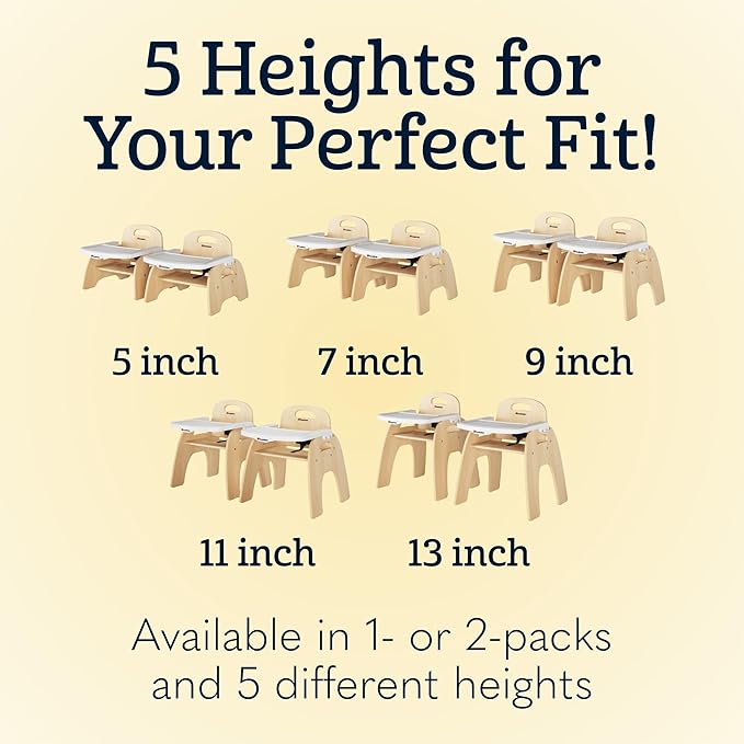 Foundations Easy Serve Low Wood Feeding Chairs Multipack, Adjustable Harness, Removable Dishwasher Safe Tray, No-Tip Base, Stackable Toddler Chairs, 2 Pack (9 inch)