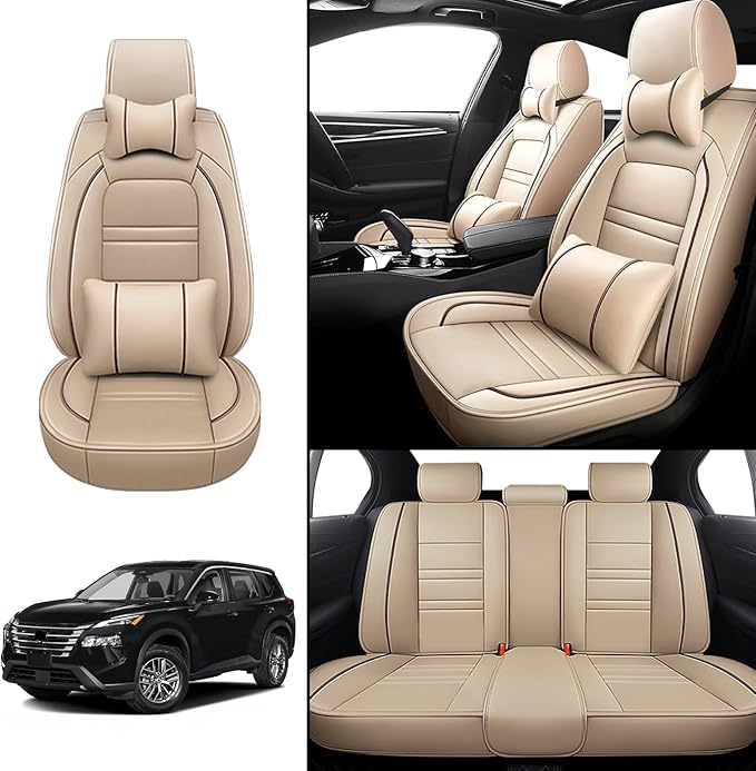 Car Seat Covers for Nissan Car Rogue 2008-2025 | 5-Seats Seat Covers, Waterproof Seat Protectors, Automotive Seat Covers (Full Set with Pillow,Beige)