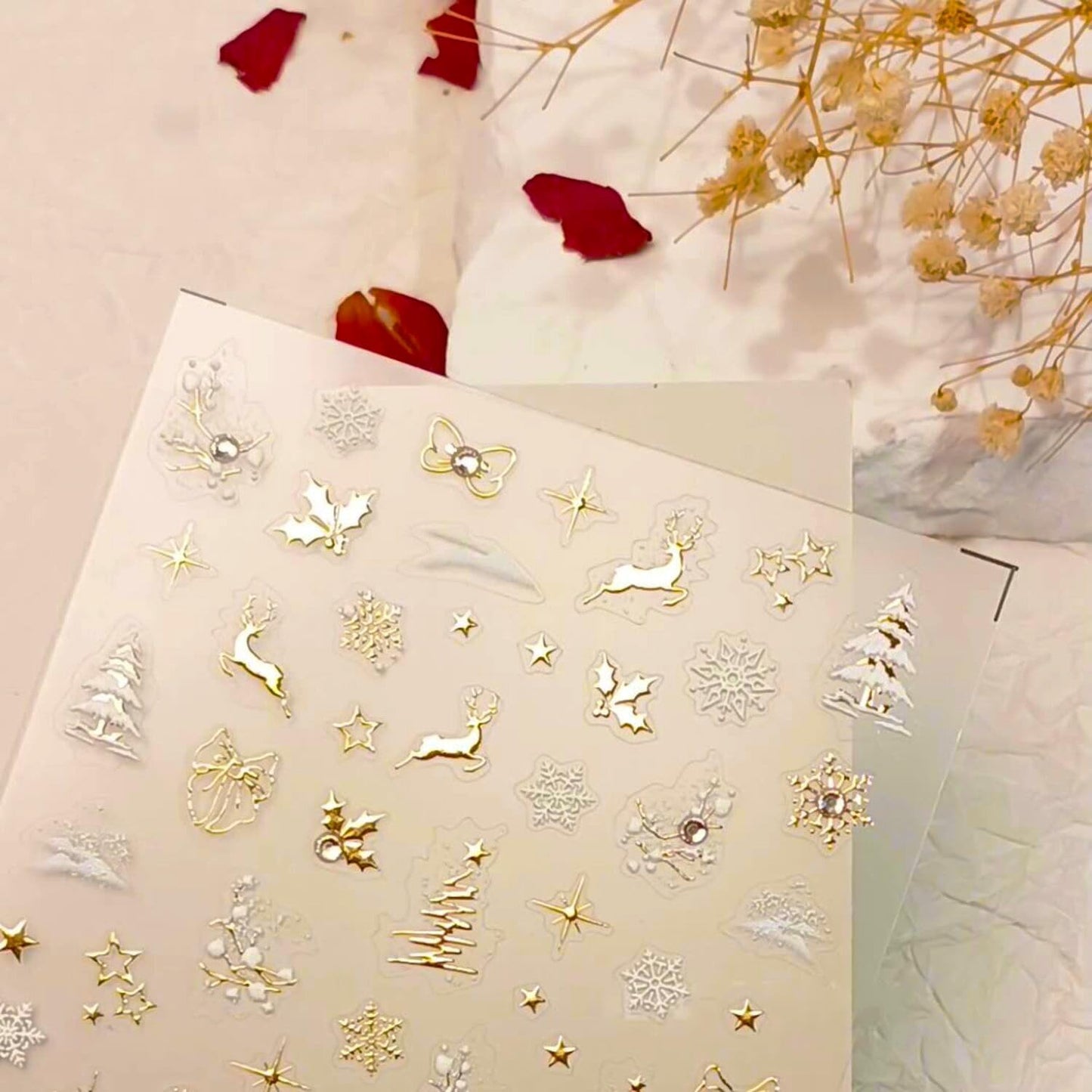 Christmas Nail Stickers for Nail Art Glitter Gold Reindeer Christmas Tree Nail Art Stickers Winter Xmas 5D Embossed Nail Decals 3D Self-Adhesive Nails Supply Manicure Sliders for Nails Decoration