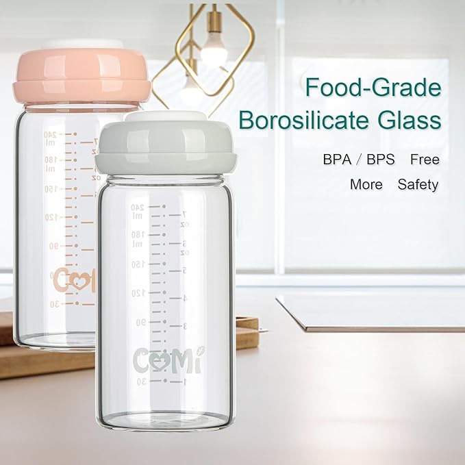 COMI Wide Neck Glass Breastmilk Collection n Storage Bottle, 8oz with Screw Ring Sealing Disk; Re-markable Sealing Disc. BPA Free, Fits Breast Pumps & Nipples (6 Gray Lids)
