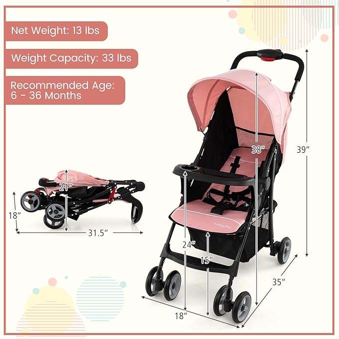 Baby Joy Lightweight Stroller, Compact Toddler Travel Stroller for Airplane, Infant Stroller w/Adjustable Backrest/Footrest/Canopy, 5-Point Harness, Storage Basket, Easy One-Hand Fold (Pink)