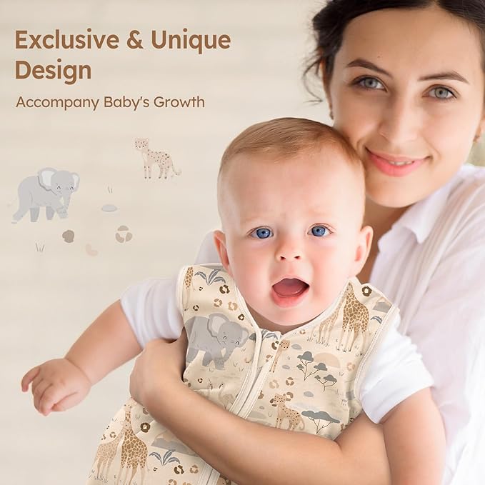 Baby Sleep Sack 0-6 Months 100% Cotton Lightweight 0.5 TOG Wearable Blanket Baby Sleep Bag with 2-Way Zipper for Newborn Infant Apricot Elephant