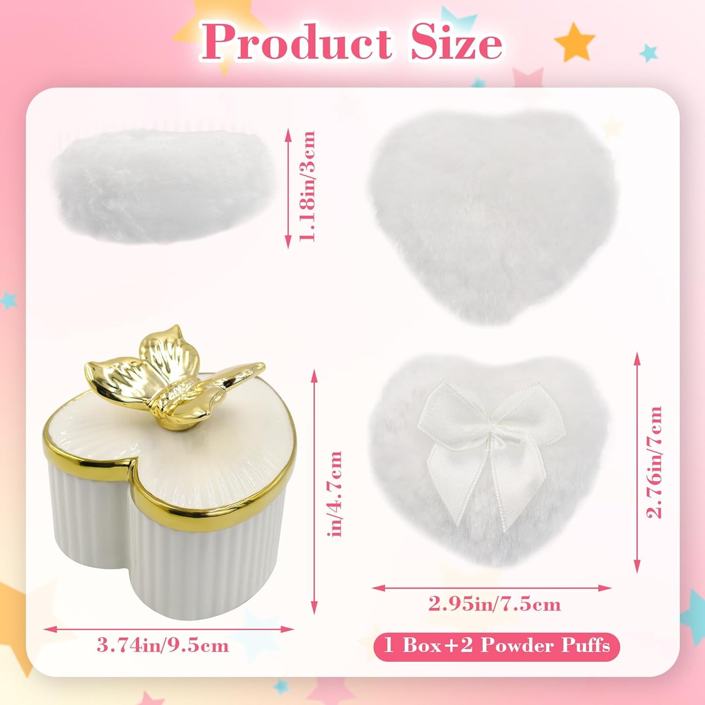 Large Body Powder Puff and Container, Ceramics Dusting Powder Container with 2 PCS Washable Heart Shaped Body Puff, Butterfly Dusting Case for Wet and Dry Makeup (White)