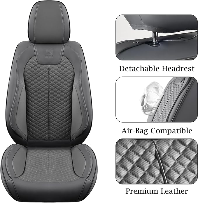 Doogo Car Seat Covers, Front Seat Covers, Automotive Seat Covers 2PCS, Luxury Gary Leather Driver Seat Cover Universal Fit for SUV Sedan Truck Truck