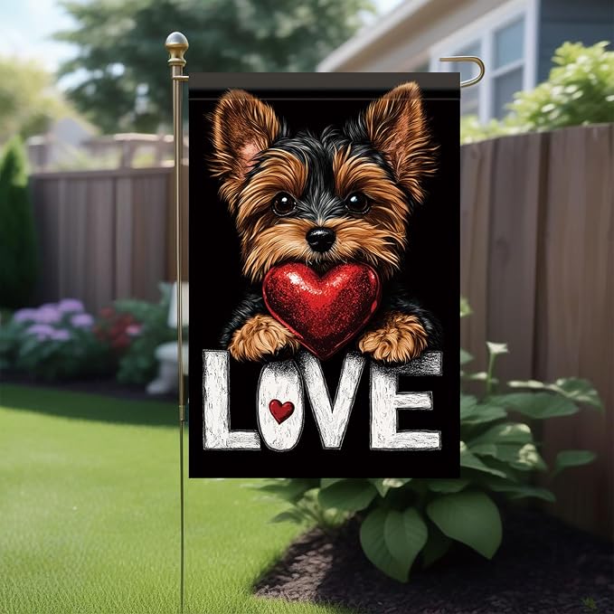 Cute Kasha Dog Garden Flag Holding Red Heart Love Sign Double Sided Yard Banner - Image 3