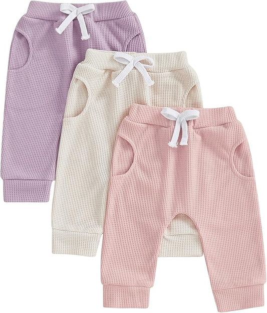 Sejardin Toddler Baby Boy Girl Pants 3 Pack Solid Color Elastic Waist Jogger Sweatpants Newborn Infant Casual Bottoms