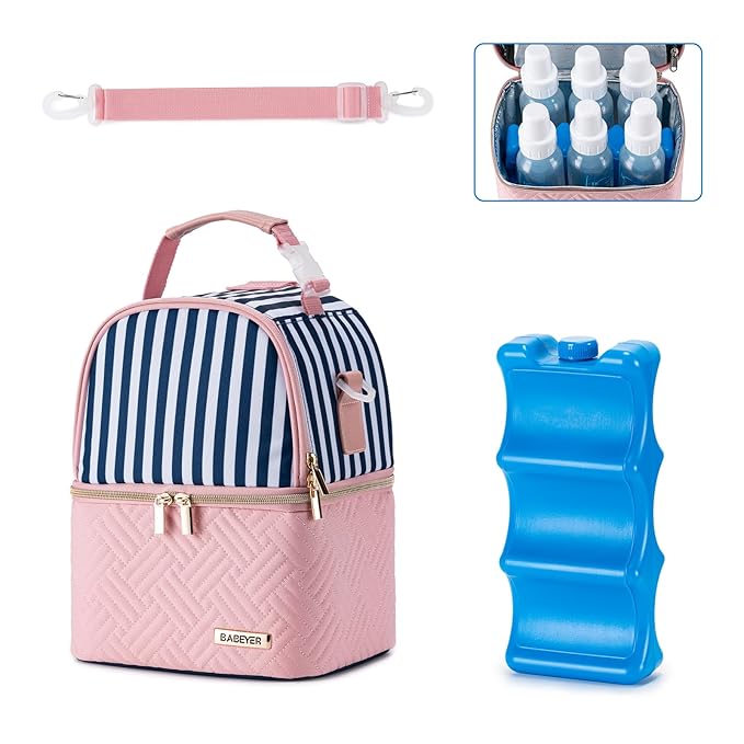 Breastmilk Cooler Bag with Ice Pack Fits 6 Baby Bottles up to 9 Ounce, Breast Milk Pump Cooler Bag with Shoulder Strap for Nursing Mom Daycare, Work, Travel- Straps