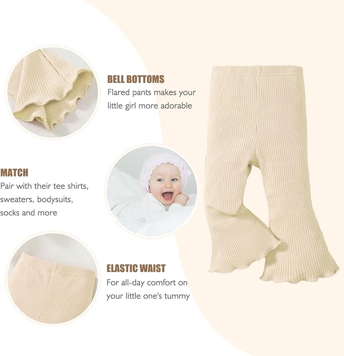 SOBOWO Baby Girl Flare Pants 3 Pack Toddler Solid Ribbed Ruffle Bell Bottoms Pants Trousers Fall Outfits