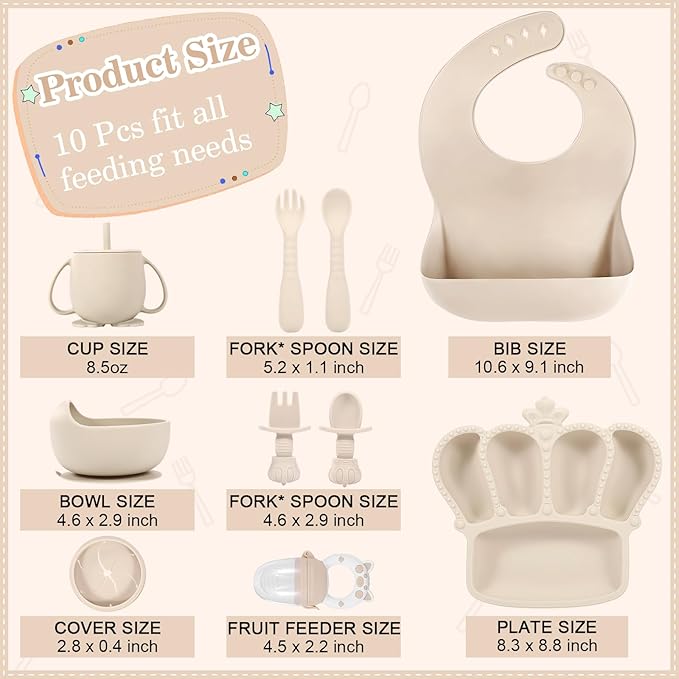 Silicone Baby Feeding Set 10 Pcs Baby Led Weaning Supplies Suction Bowl Divided Plate Baby Bibs Fruit Feeder Baby Spoons Forks Sippy Cup Toddler Utensil Sets Baby Essentials for Newborn Gift