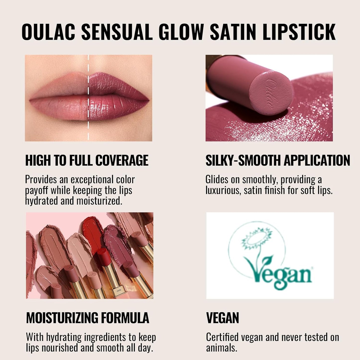 Oulac Color Rich Satin Lipstick - Pink Brown Full Coverage Lip Color, Creamy Silky-Smooth, Moisturizing, Satin Matte Finish, Infused With Shea Butter, Vegan & Clean Beauty, 4g, SG11 Breathtaking