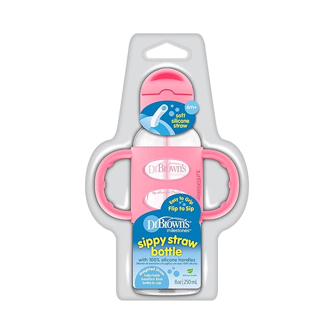 Dr. Brown's Milestones Narrow Sippy Straw Bottle, Spill-Proof with 100% Silicone Handles and Weighted Straw, 8 oz/250 mL, Pink, 6m+ (Pack of 2)