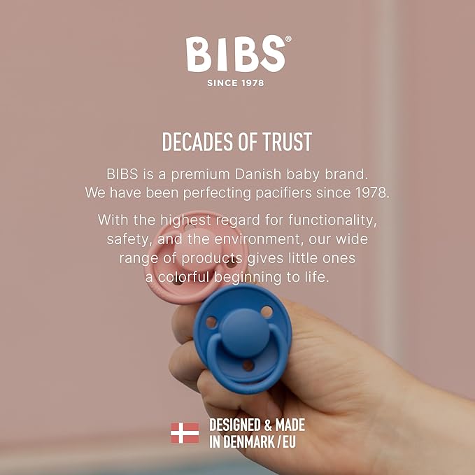 BIBS Pacifiers - De Lux Collection | BPA-Free Round Nipple | Silicone | Made in Denmark | Set of 2 Blossom/Haze Color Premium Soothers | Size One Size