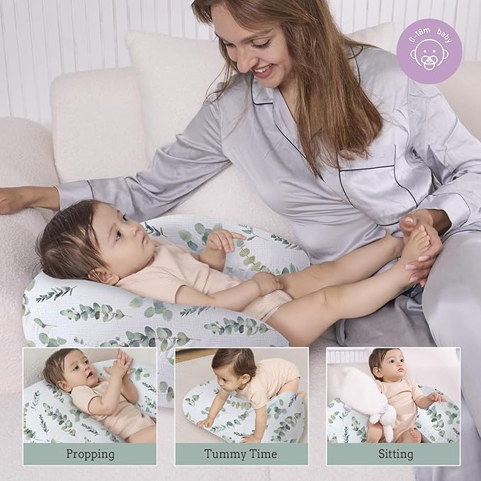 Little Grape Land Nursing Pillow, Soft 100% Cotton Breastfeeding Pillow with Breathable Muslin Removable Cover, Green Leaves Breast Feeding Pillows for Babies 0-12 Months with Protective Zipper
