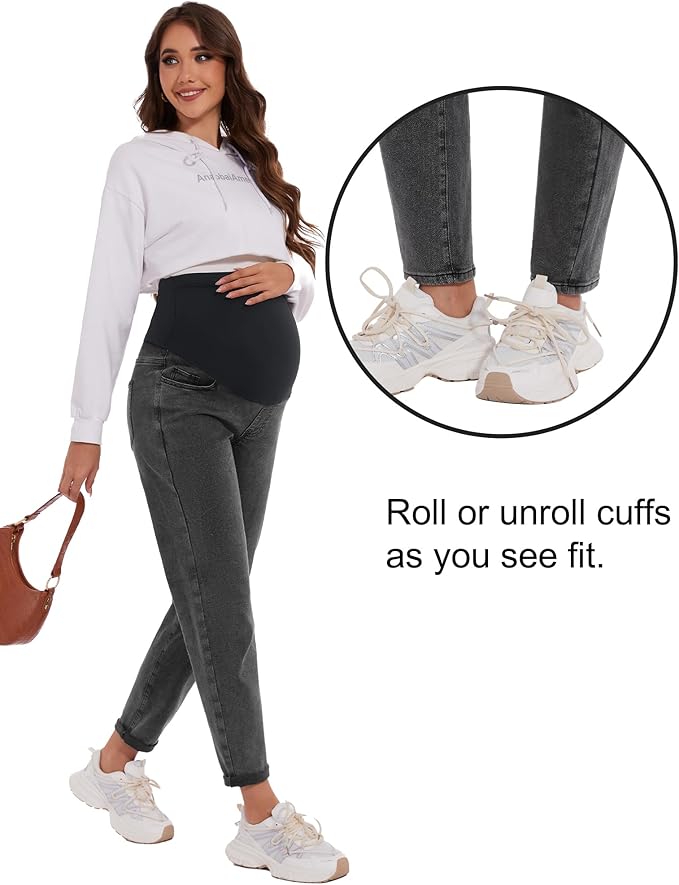 POSHGLAM Women's Maternity Jeans Over Belly Comfy Stretch 28'' Boyfriend Jeans Loose Pregnancy Pants, S-XXL