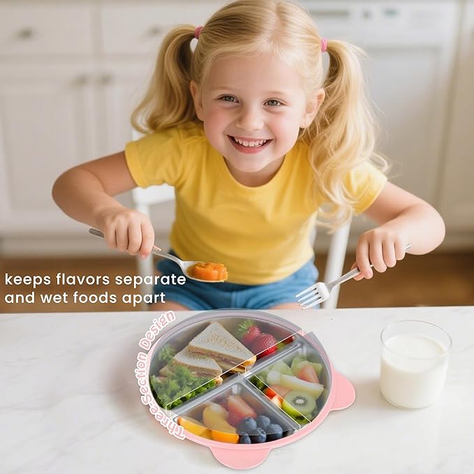 Stainless Steel Kids Plate with Suction Set of 2, 9″ Toddler Divided Plates with Removable Non Slip Silicone Sleeves, Baby Snack Dishes, Non Toxic and BPA Free, Light Pink & Baby Blue