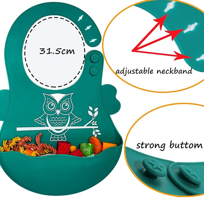 Toddler Silicone Suction Plate with Spoon and Fork, Adjustable Bib, Blue Owl