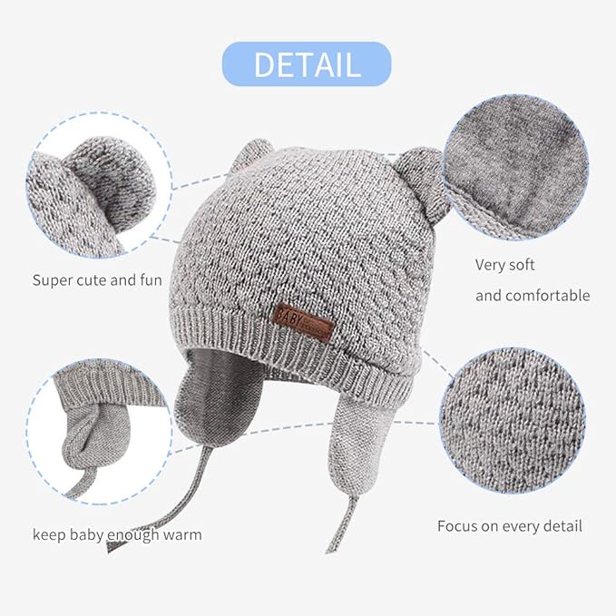BAVST Baby Beanie Hat for Winter with Earfalp Cute Bear Kids Toddler Girls Boys Warm Knit Cap 0-2Years