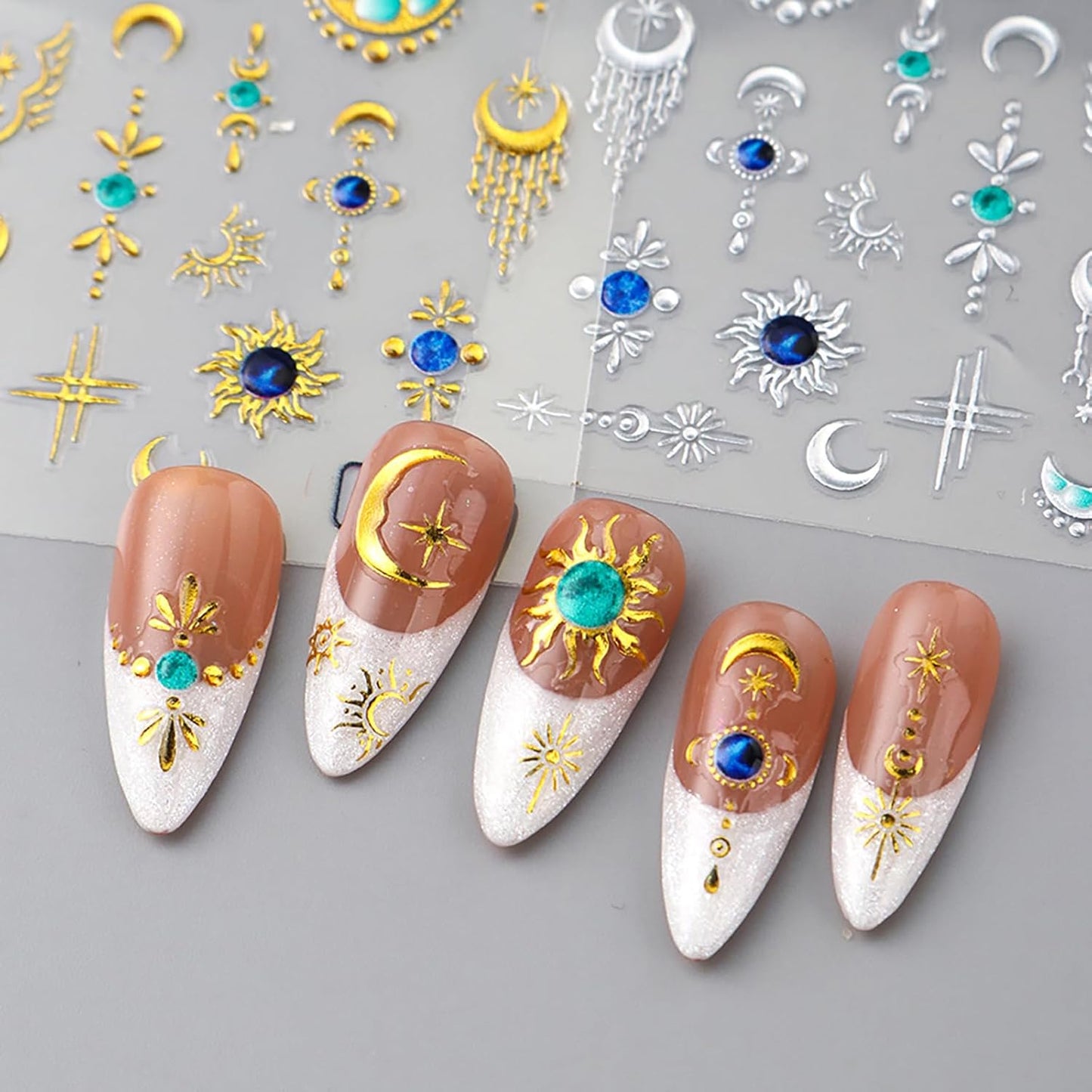 5D Nail Stickers for Nail Art Sun Moon Nail Decals Shiny Bohemian Style Nail Art Supplies Luxury Silver Gold Flower Star Moon Sun Nail Adhesive Stickers Fall DIY Manicure Supplies for Women 4PCS