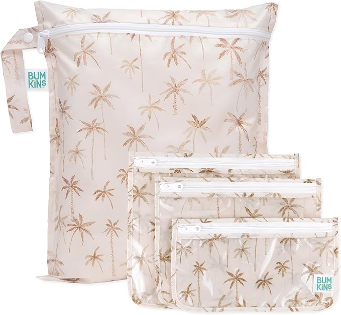 Bumkins - Waterproof Wet Bag & Clear Travel Bags - For Beach, Baby, Travel, Swim Suit, Cloth Diapers, Pump Parts, Pool, Gym, Toiletries - Reusable & Easy to Clean - Palm Trees - 4 Pack