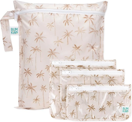 Bumkins - Waterproof Wet Bag & Clear Travel Bags - For Beach, Baby, Travel, Swim Suit, Cloth Diapers, Pump Parts, Pool, Gym, Toiletries - Reusable & Easy to Clean - Palm Trees - 4 Pack