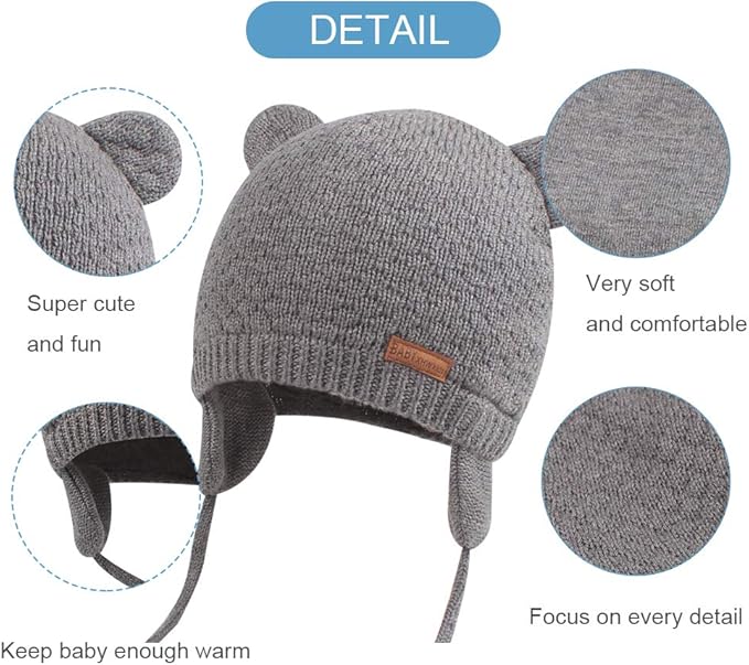 BAVST Baby Beanie Hat for Winter with Earfalp Cute Bear Kids Toddler Girls Boys Warm Knit Cap 0-2Years