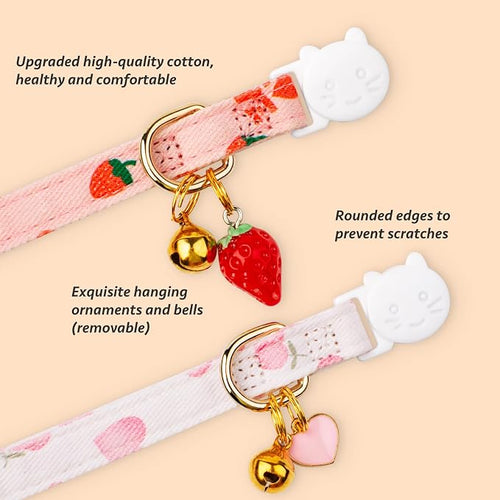 2 Pack Cotton Breakaway Cat Collar Pink Strawberries and White Heart Shaped - Image 2