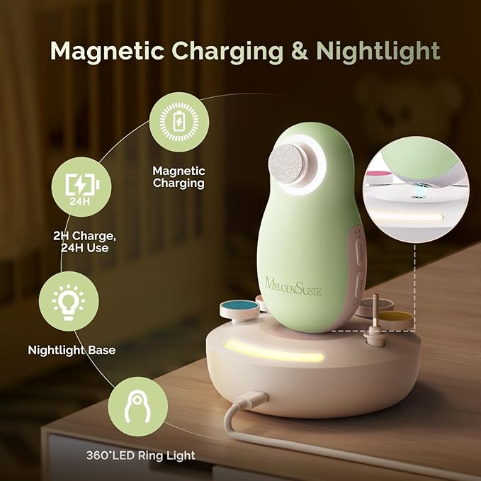 MelodySusie Baby Nail Trimmer Electric, Magnetic Rechargeable Baby Nail File with Night Light, PC20F Baby Nail Clippers Set with 6 Gentle Pads for Newborns, Infants & Toddlers, Green