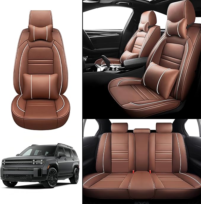 Car Seat Covers for Hyundai Car Santa fe 2001-2025 | 5-Seats Seat Covers, Waterproof Seat Protectors, Automotive Seat Covers (Full Set with Pillow,Coffee)