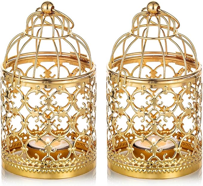 2 Pcs Small Metal Tealight Hanging Birdcage Lantern, Vintage Decorative by Nuptio