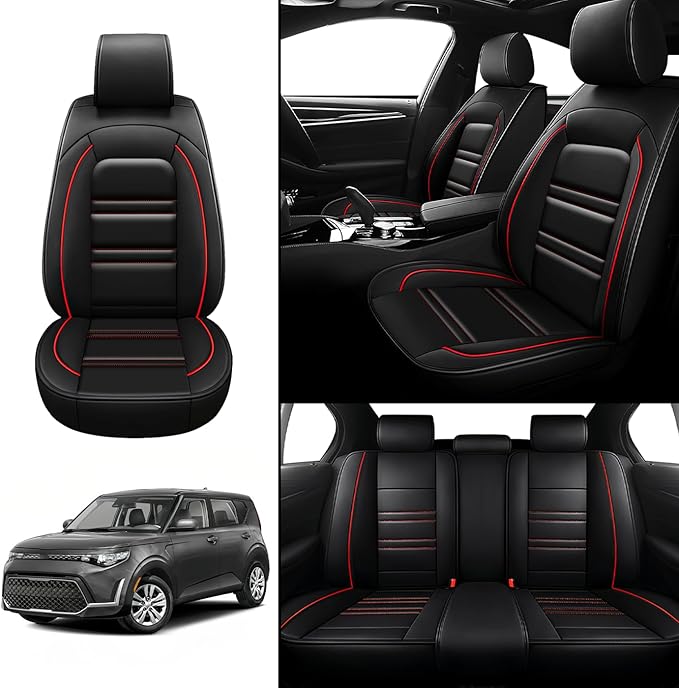 Seat Covers for kia Soul 2010-2025 | 5-Seats Leather Seat Covers, Easy to Install Automotive Seat Covers Full Set (Full Set, Black&Red Line)
