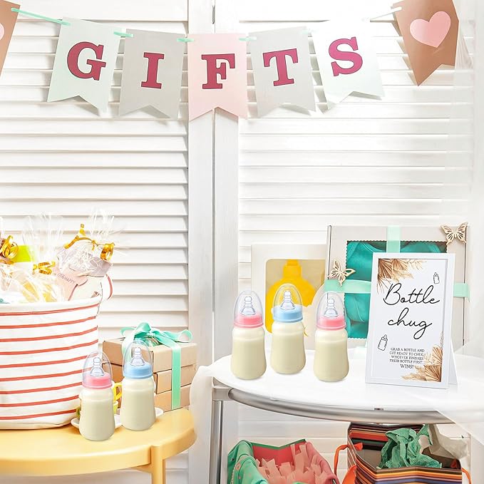 Roowest Bottle Chug Baby Shower Game Favors Including Boho Theme Wooden Sign and 18 Pcs Baby Bottles for Gender Reveal Party Supplies