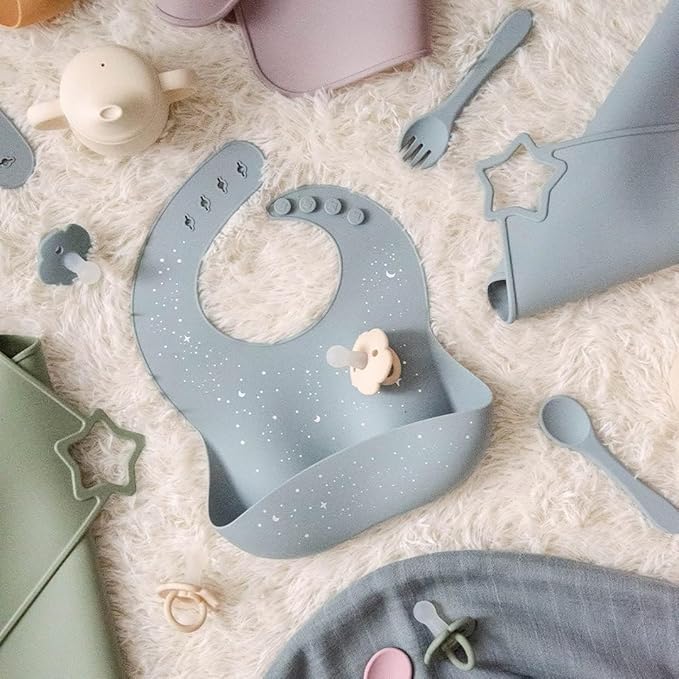 Moonkie Silicone Baby Bibs Set Of 2 | BPA Free Waterproof | Soft Flexible Adjustable Silicone Bibs for Babies & Toddlers(Ether/Muted)