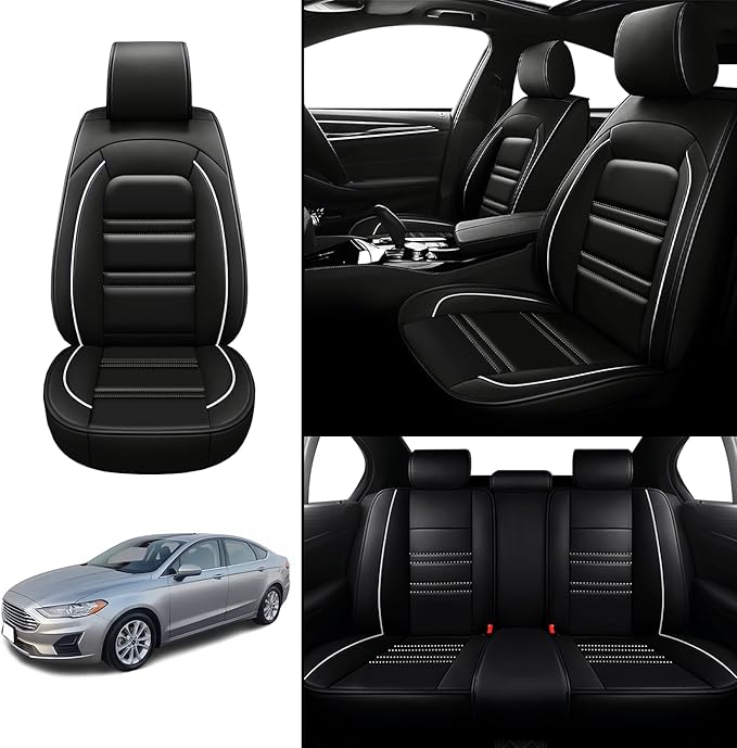 Seat Covers for Ford Fusion 2006-2020 | 5-Seats Leather Seat Covers, Easy to Install Automotive Seat Covers Full Set (Full Set, Black&White Line)