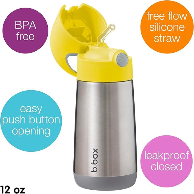 b.box 12 oz Insulated Water Bottle: Keeps Drinks Cold up to 8 Hours, Warm up to 6 Hours. Triple Wall Stainless Steel Kids Water Bottle w/Free Flow Silicone Straw Top. Leakproof & Dishwasher Safe