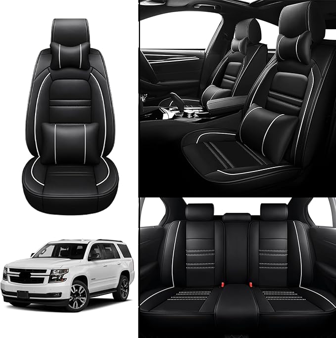 Car Seat Covers for Chevy Tahoe 1995-2025 | 5-Seats Seat Covers, Waterproof Seat Protectors, Automotive Seat Covers (Full Set with Pillow,Black&White Line)