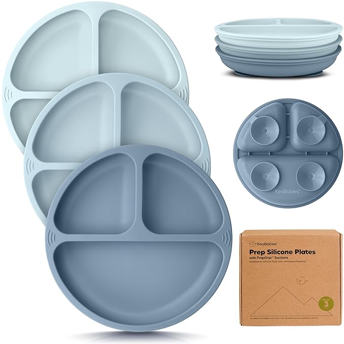 KeaBabies Suction Plates for Baby, Toddler - 3-Pack 100% Silicone Toddler Plates with Suction, Divided, BPA-Free Baby Led Weaning Essentials for Kids, Dishwasher, Microwave Safe, Durable (Alps)