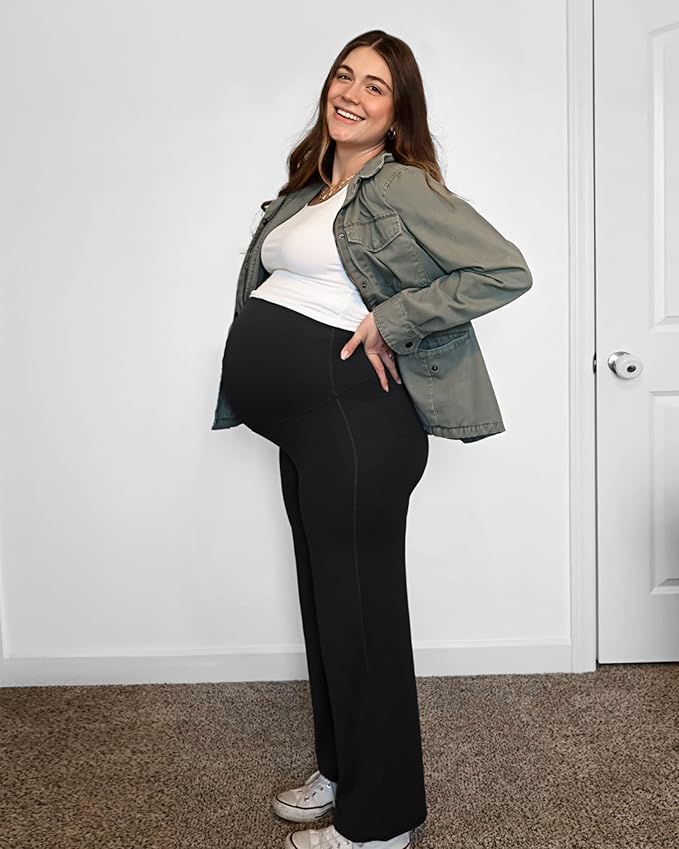 G4Free BareFeel Maternity Dress Yoga Pants Over The Belly Stretchy Work Slack Pregnancy Wide Leg Lounge Trousers