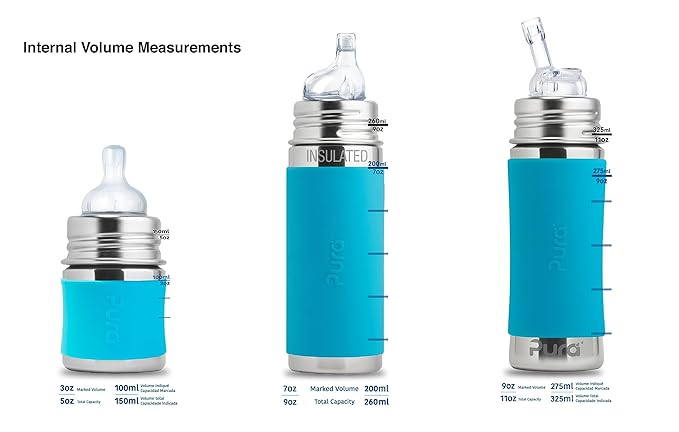 Pura Kiki 11oz/325ml Stainless Steel Sippy Cup Bottle w/Sleeve, Plastic-Free, MadeSafe Certified, Medical-Grade XL Silicone Sipper Spout Fast Flow Rate for Kids, Toddlers, Babies & Infant - Aqua