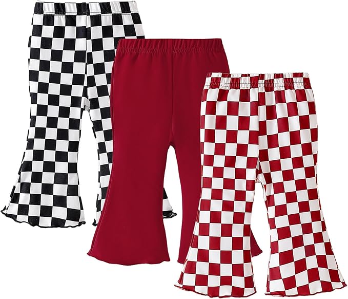 SOBOWO Checkered Baby Girl Flare Pants 3 Pack Toddler Bell Bottoms Plaid Ruffle Leggings Pants Fall Winter Outfits Size 6M-4T