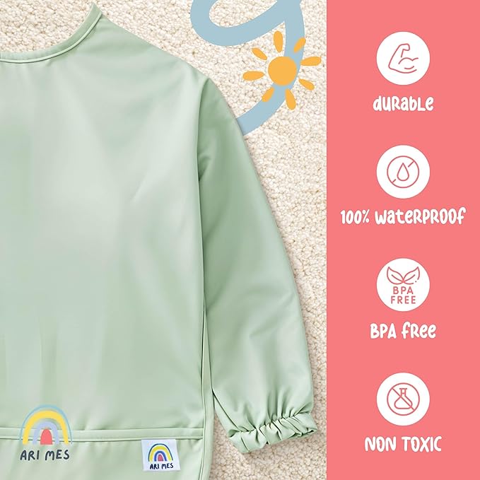ARI MES Long Sleeves Waterproof Baby Bibs for Eating - Kitty Cats, Large- Wearable, Coverall for Toddler, Long Sleeve Bib, Smock Apron for Feeding - Applicable for 6-72 Months