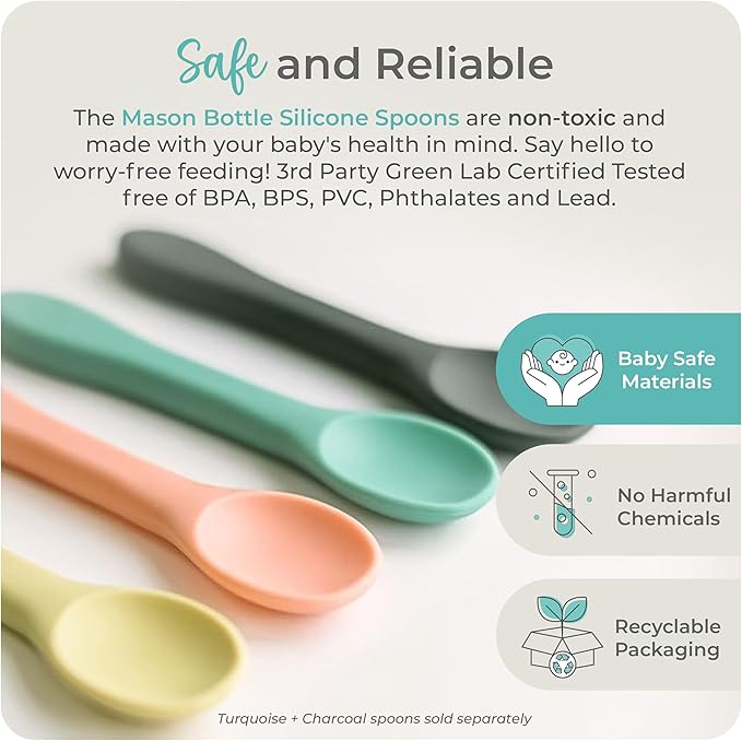 Mason Bottle Silicone Baby Spoons (2-Pack) – BPA-Free Feeding Utensils for Babies 6–12 Months – Puree Spoons with Case, Non-Toxic, Dishwasher Safe (Buttercup & Harbor)