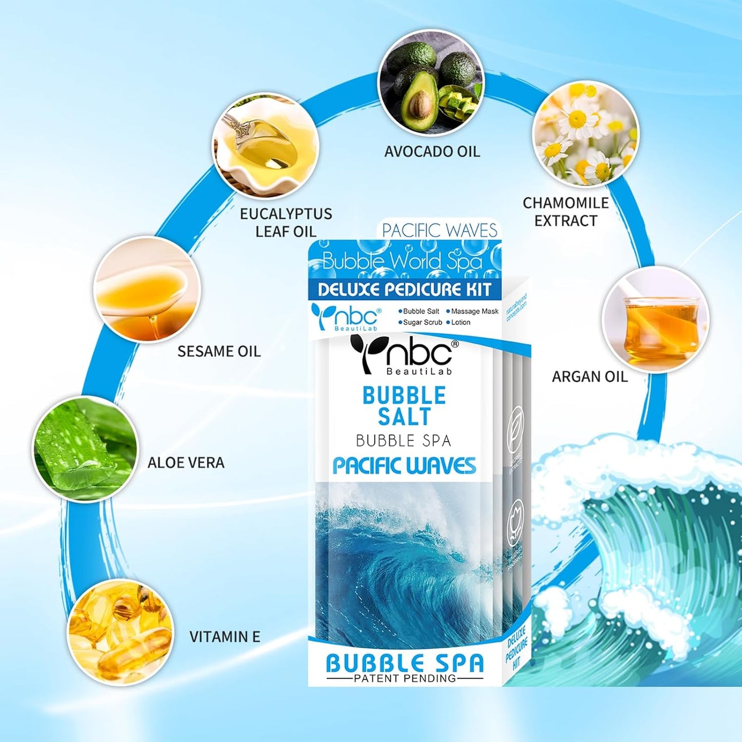 Pedicure Kit Foot Soak Set: Bubble Salt, Sugar Scrub, Massage Mask, Massage Lotion in a Box, 4 Step Foot Spa Kit for Dry Feet, Calluses and Tired Feet(3 Set Pacific Waves)