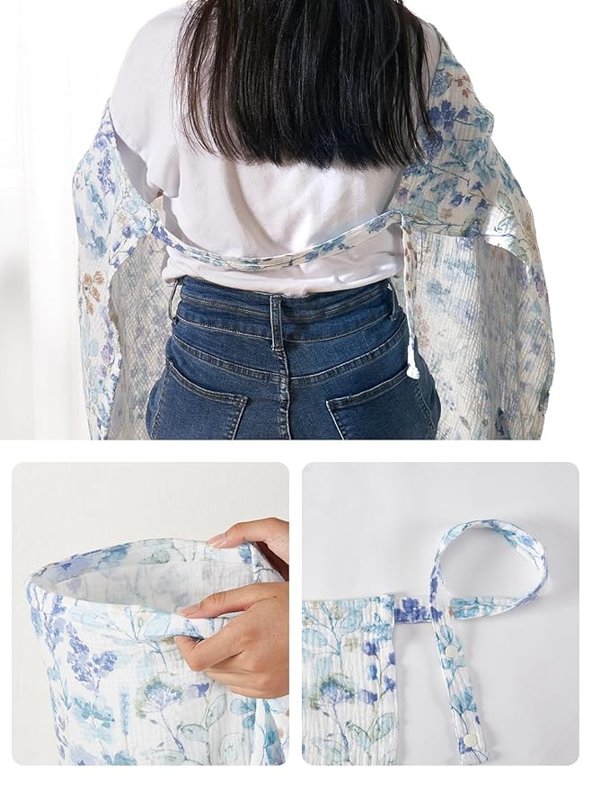 TILLYOU Muslin Nursing Cover for Baby Breastfeeding, 100% Cotton Breathable with Arch Neckline for Women, Blue Flower