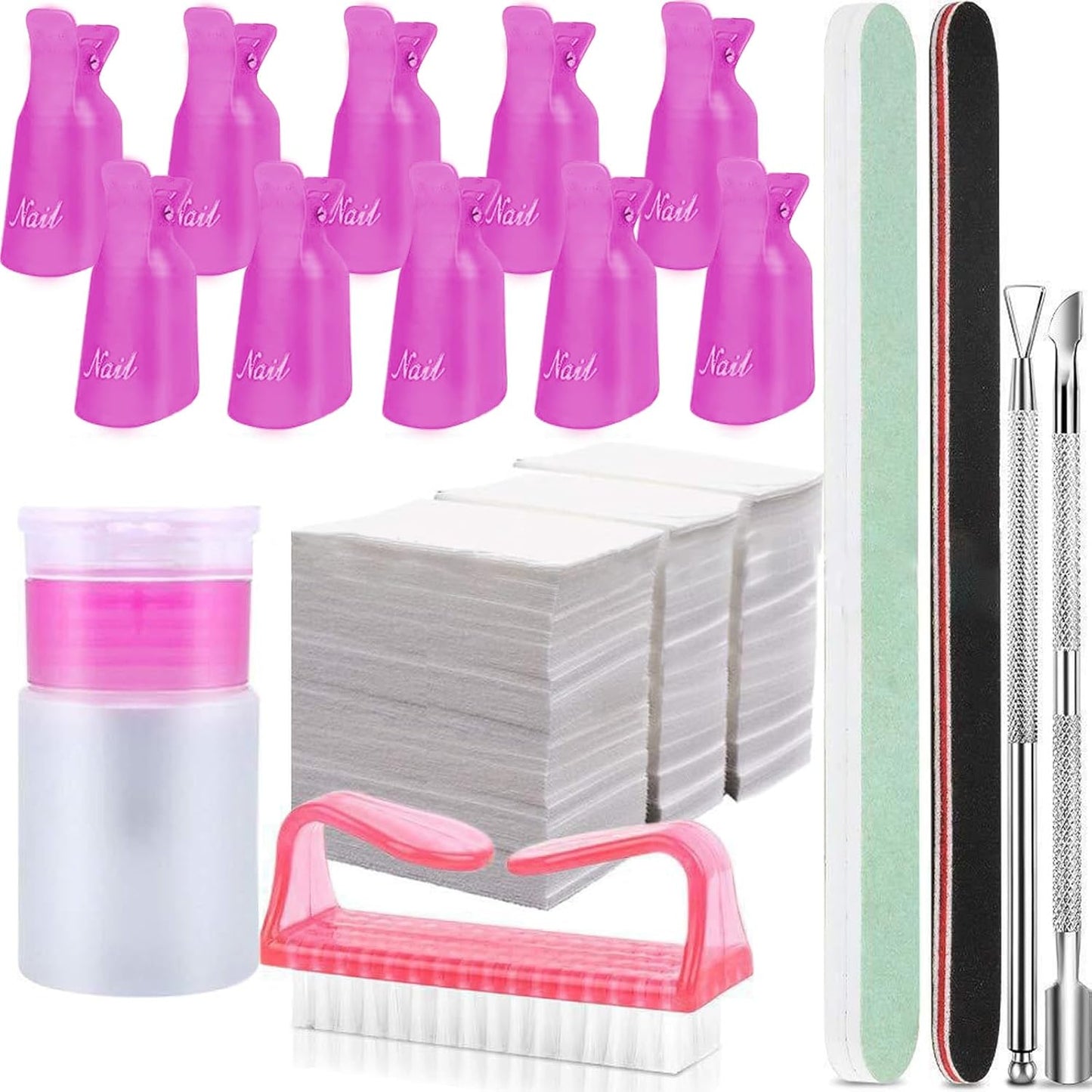 Acrylic Gel Nail Art Polish Remover Kit Soak off for Nails, Keepzi 10 Pcs Fingernail Clips to Remove Gel Polishing and Dip Powder for Press on Nails, 540Pcs Acetone Lint Free Remover Wipes - Hot Pink