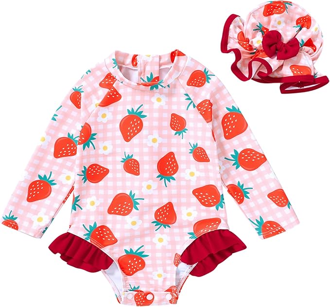 Infant Baby Girl Swimsuit One-Piece Long Sleeve Rash Guard with Hat Set Floral Zipper Bathing Suit Leopard Beach Wear